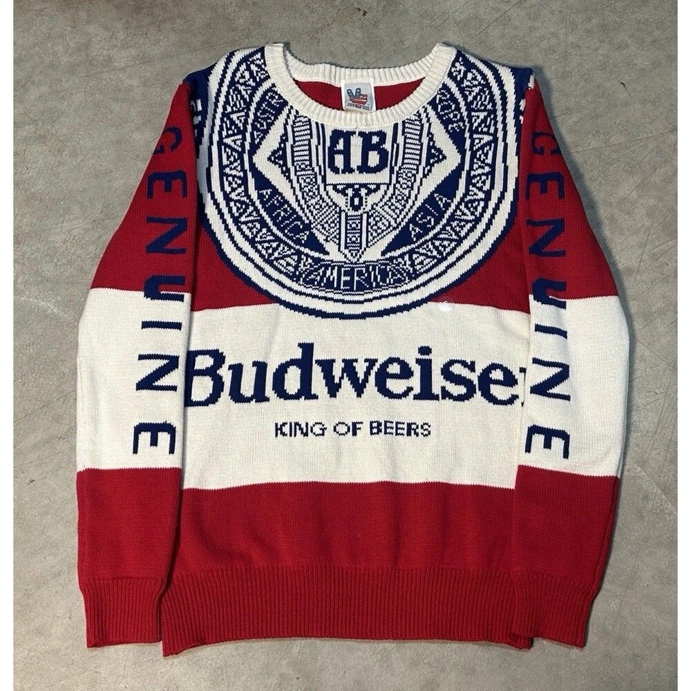 Vtg Budweiser Genuine Graphic Knit Sweater King of Beer Logo Mens Small